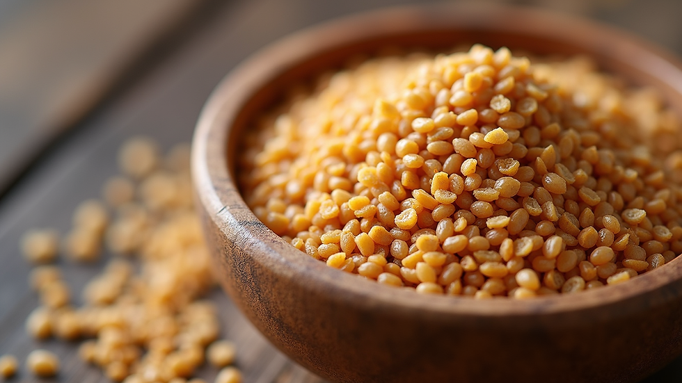 Close-up view of toasted sorghum grains in a wooden bowl