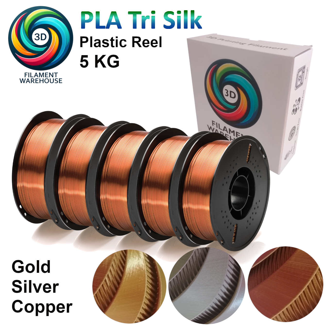 Gold-Silver-Copper 5KG Tri Silk PLA Bundle - 3D Filament Warehouse