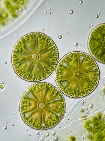 Close-up of the cells of one of the green phytoplankton species in the Hydralife blend under a microscope.