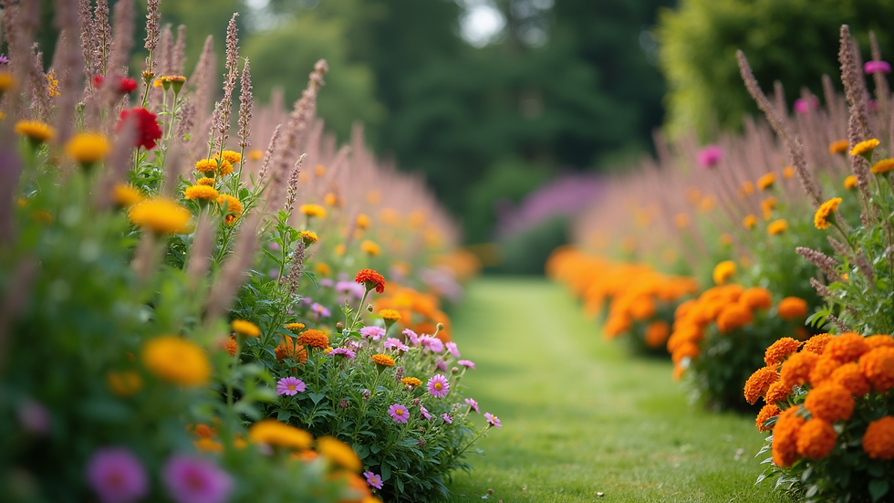 High angle view of a peaceful garden with blooming flowers