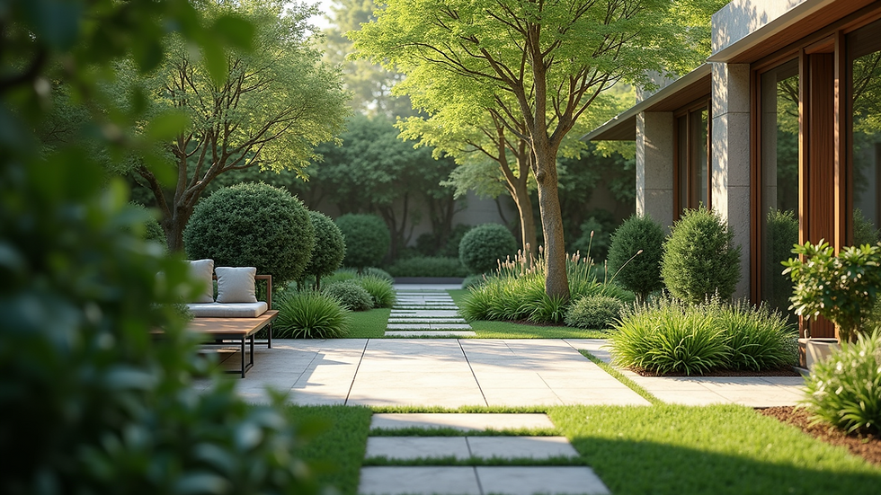 Wide angle view of a tranquil outdoor garden space