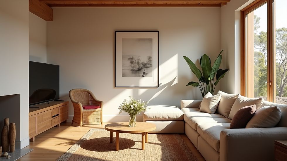 Eye-level view of a cozy Airbnb with a welcoming interior