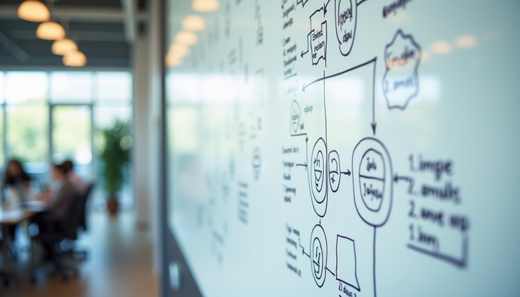 Eye-level view of a whiteboard filled with brainstorming notes and diagrams