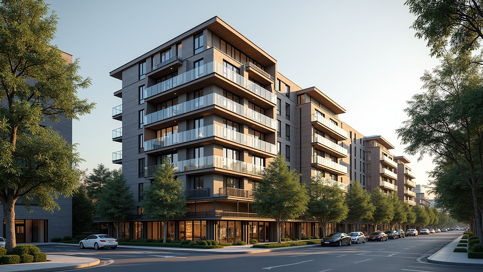 Eye-level view of a modern apartment complex