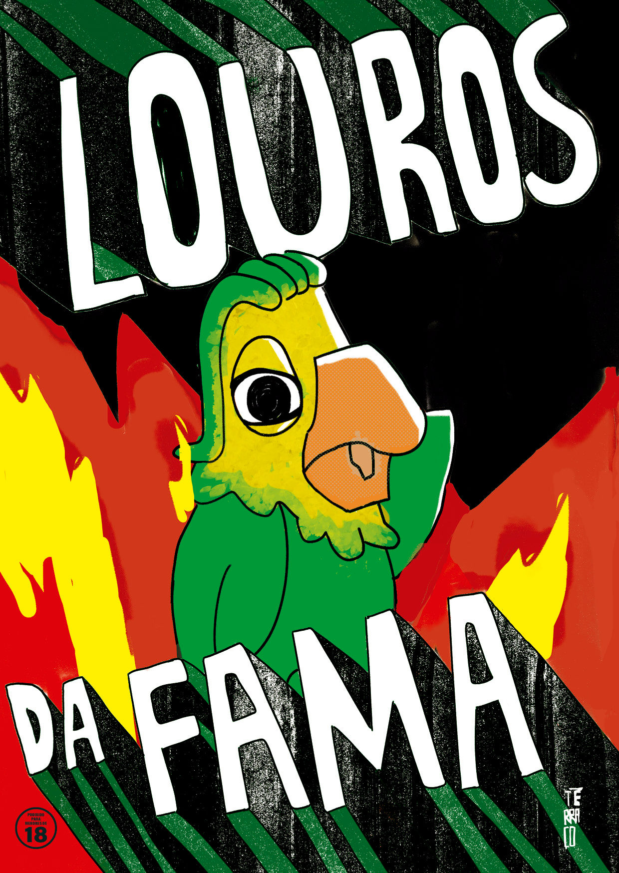Capa com papagaio e texto Louros da Fama, logo Terraço, indicado para maiores de 18 anos.