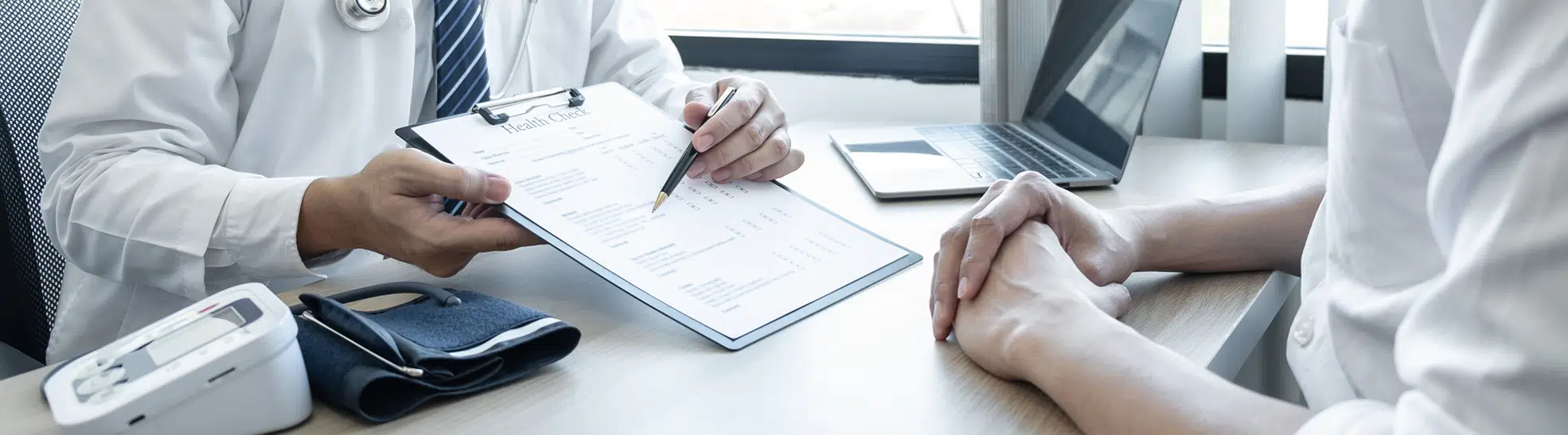 Doctor consulting with the patient and checking sickness condition while presenting results diagnosis symptom examining about the problem of illness and recommend treatment method copy