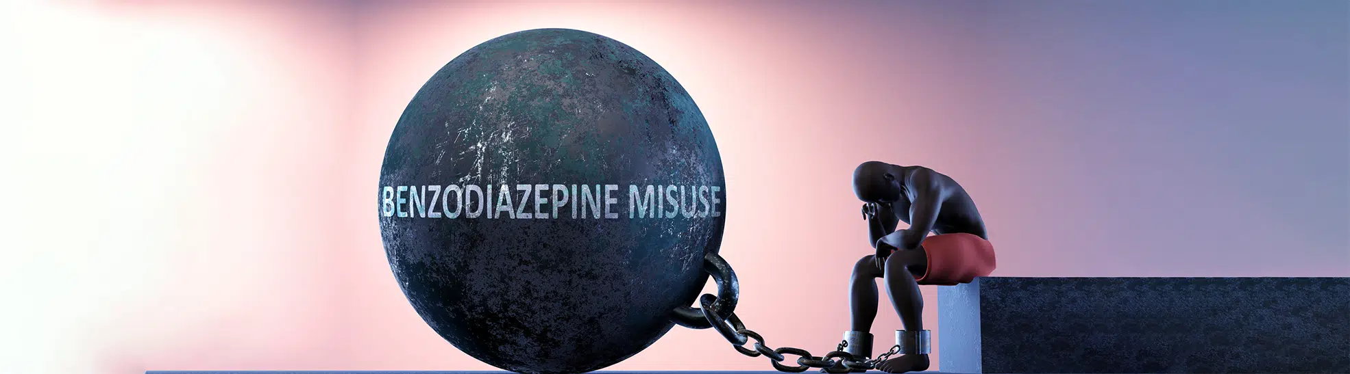 Benzodiazepine misuse as a heavy weight in life - symbolized by a person in chains attached to a prisoner ball to show that Benzodiazepine misuse can cause suffering 3D illustration copy