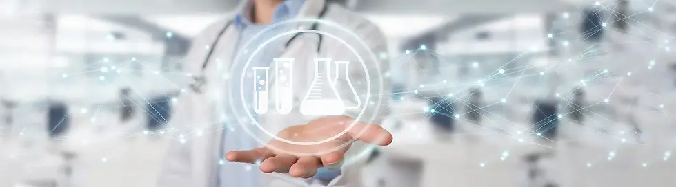Doctor on blurred background holding digital analysis result icons 3D rendering copy