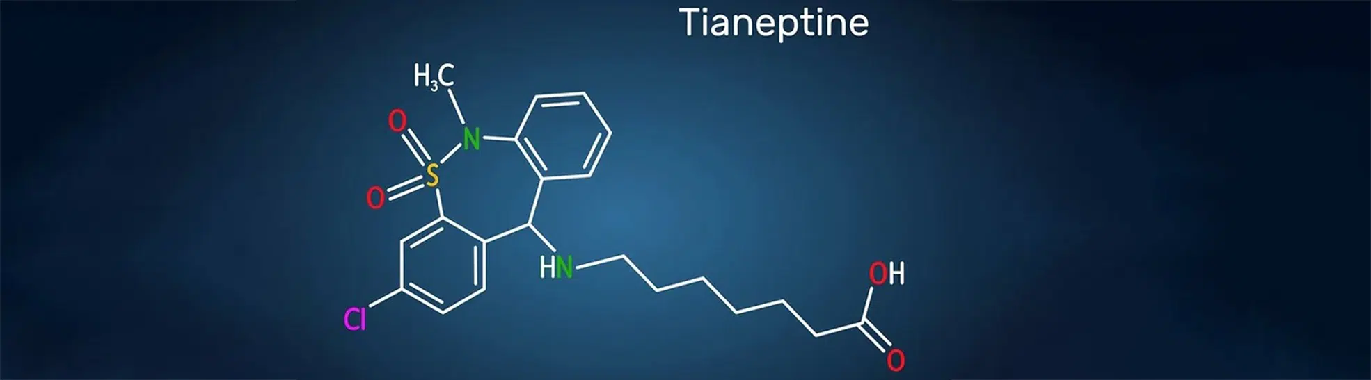 Tianeptine molecule. It is tricyclic antidepressant TCA. Structural chemical formula on the dark blue background copy