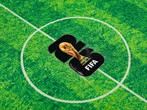 FIFA World Cup trophy on a green soccer field center circle, with bold black 2022-style graphic and white field lines
