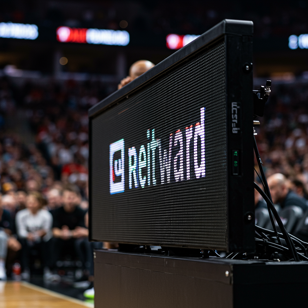 LED screen displaying "Reinward" at a basketball game. Blurred audience in the background. Vibrant colors create an energetic atmosphere.