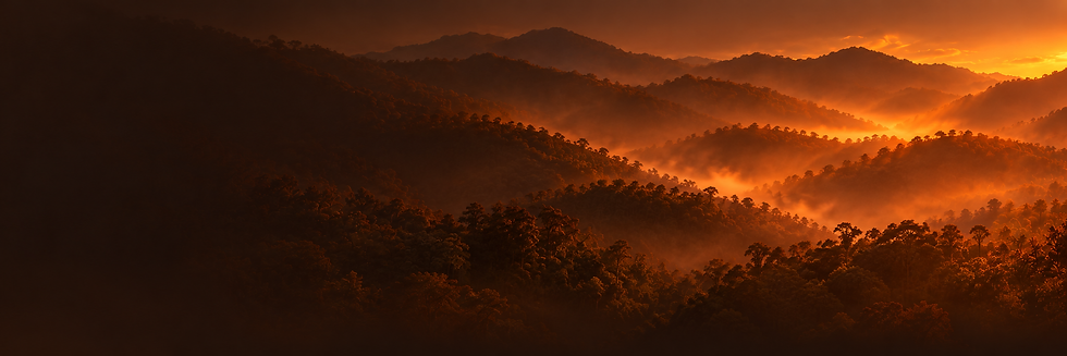 Montagnes brumeuses dans une lumière cuivrée.png