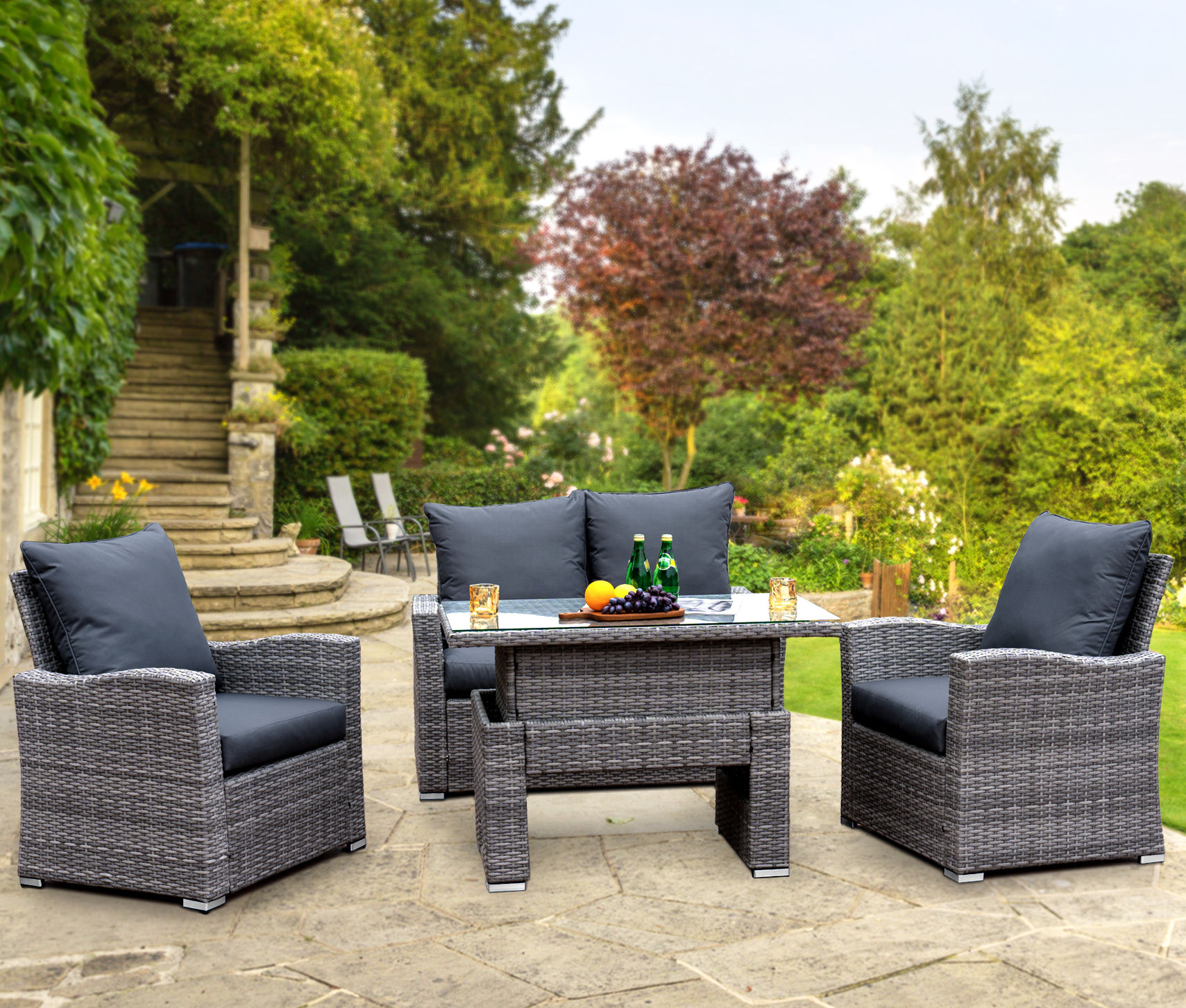 Rattan Garden Furniture Set with Rising Table - 4 Seater