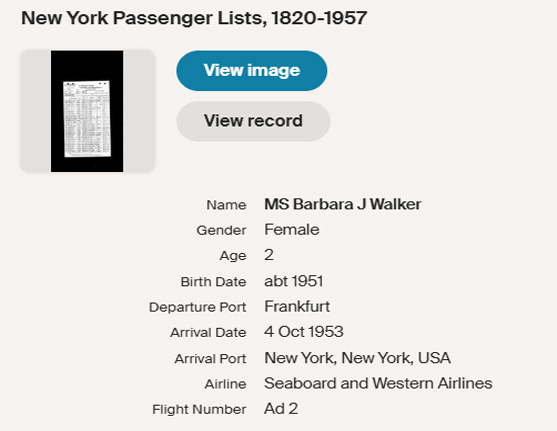 Manifest of Airplane from Germany to New York 1953