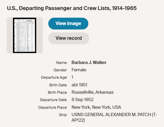 Manifest for journey to Germany 1952