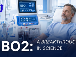 A man laying in a clinic, using an EBO2 machine to reboot his health