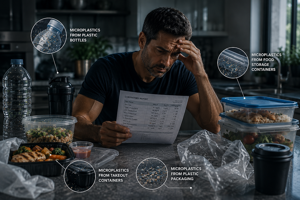Man reviewing test results with microplastics surrounding him