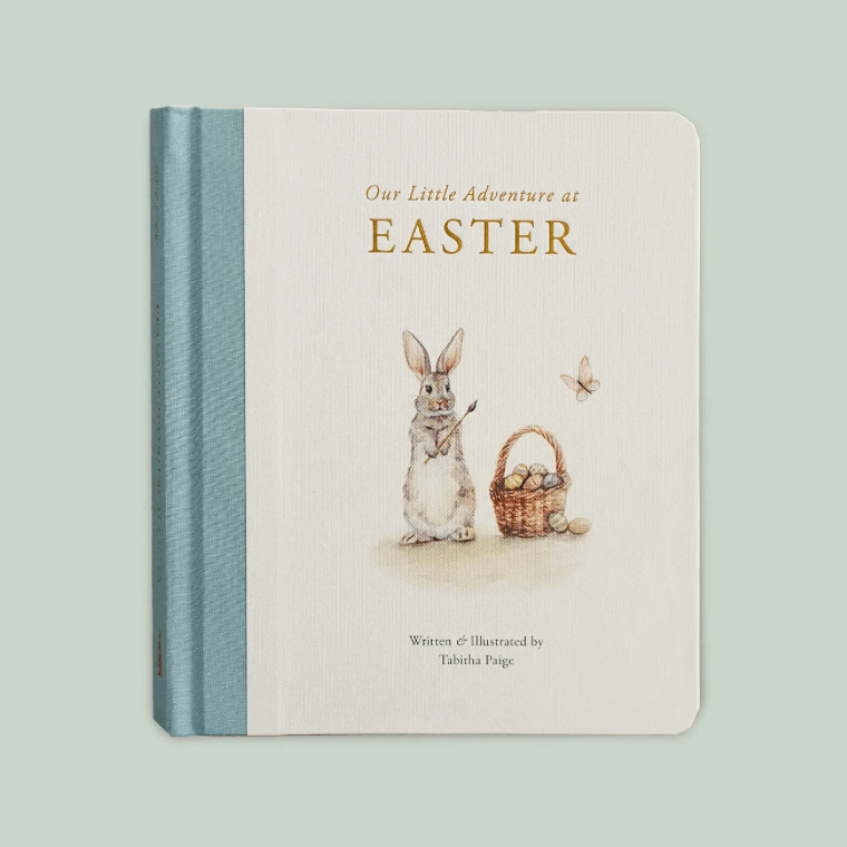 Bunny and basket on the Ccover of Easter book for toddlers