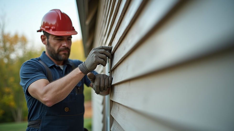Close-up view of a craftsman installing new siding on a house exterior
