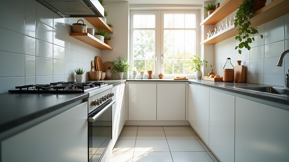 High angle view of a clean and organized kitchen with modern appliances