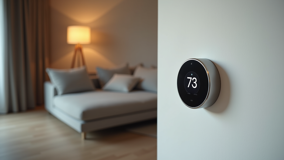 Eye-level view of a modern living room with smart thermostat on the wall