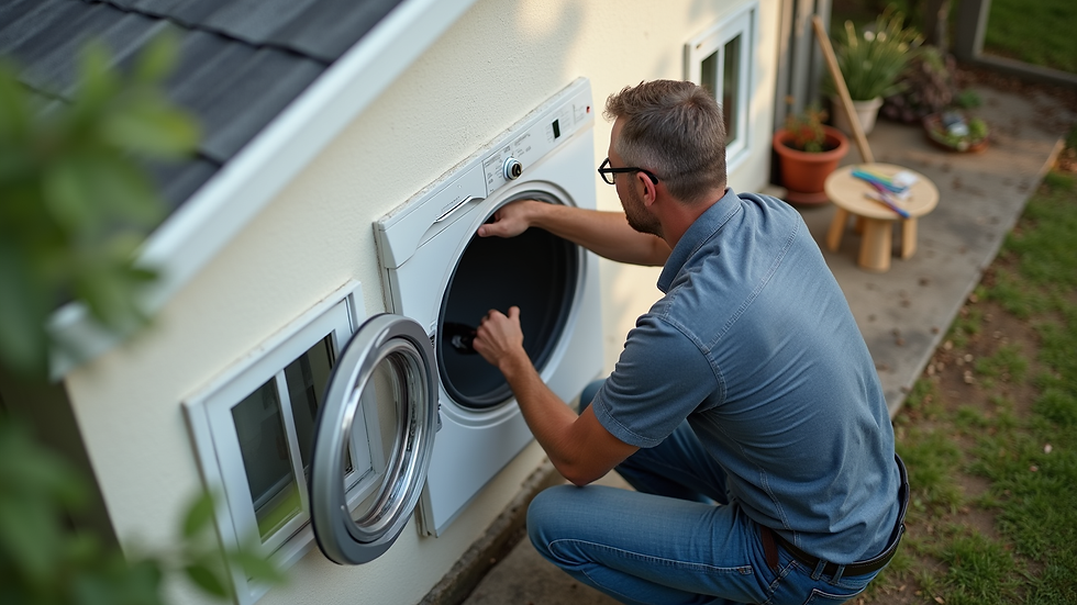 High angle view of a homeowner cleaning a dryer vent outside the house