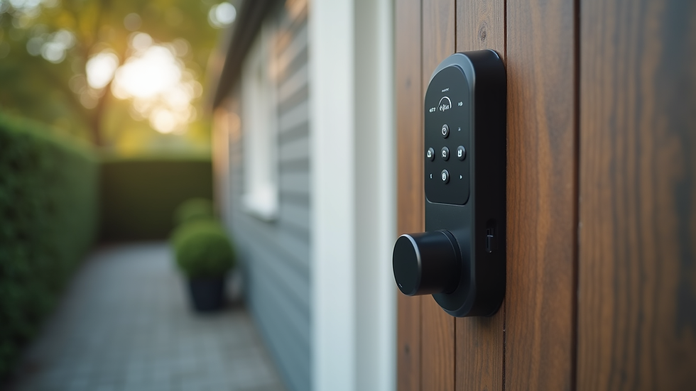 Eye-level view of a smart door lock installed on a front door