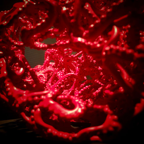 Reliëf sculptuur rood, acrylaat met rvs, bolvormig, sructuur, door Carola van den Dungen