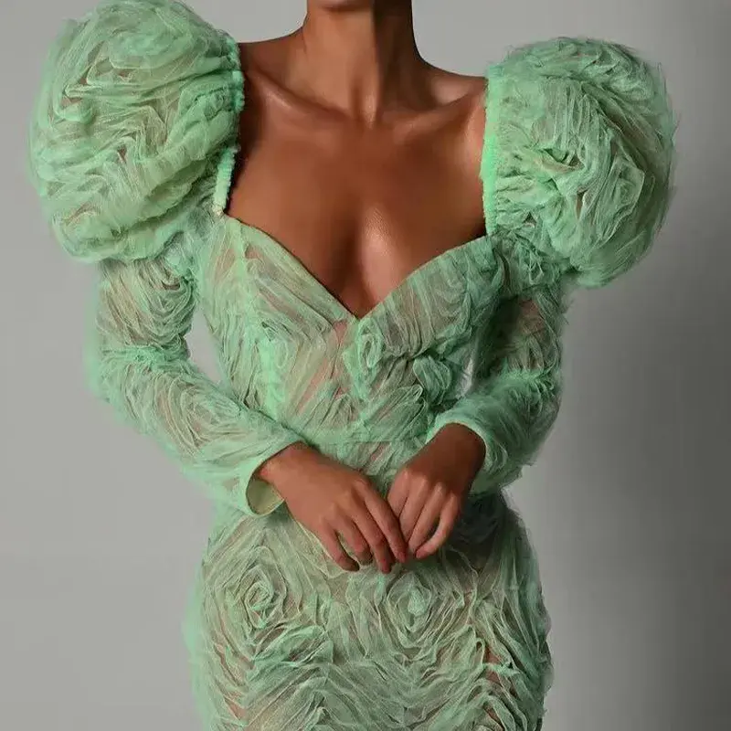 Miniatura: Vestido Mini Feminino Verde com Estampa Floral, Mangas Bufantes, Decote em V e M