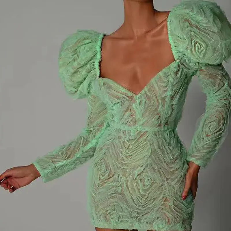 Miniatura: Vestido Mini Feminino Verde com Estampa Floral, Mangas Bufantes, Decote em V e M