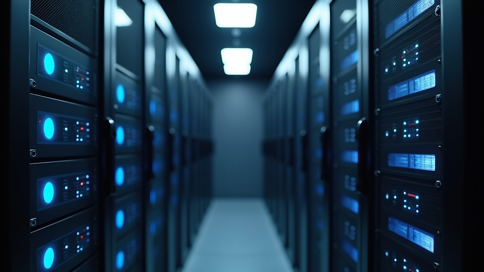 Close-up view of a server rack in a data centre with blinking lights