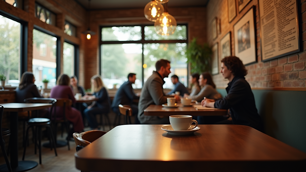 Eye-level view of a cozy coffee shop interior with people engaged in conversation