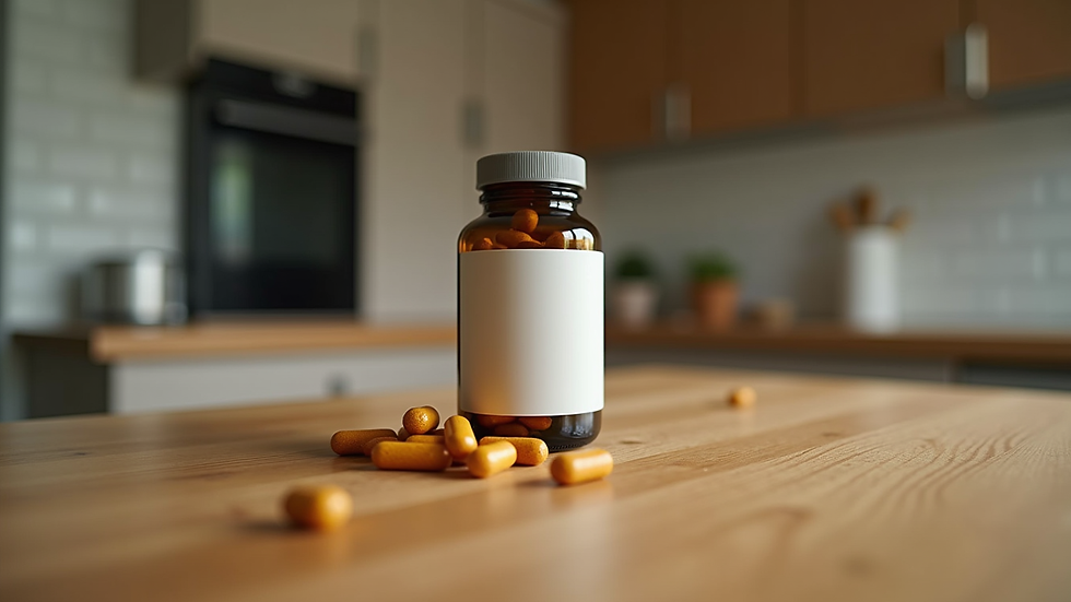 Close-up view of a bottle of natural supplements on a wooden table