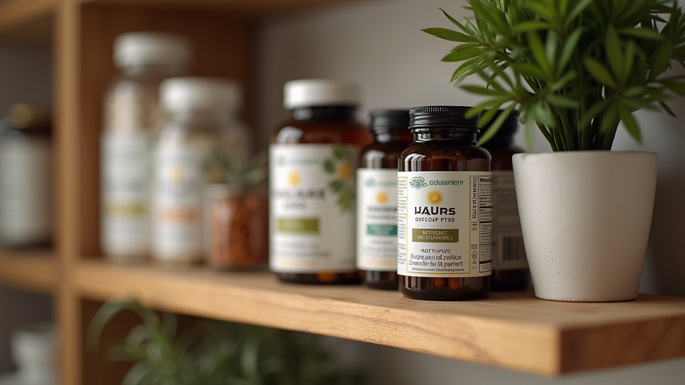 Eye-level view of a wooden shelf with bottles of natural supplements and dried herbs