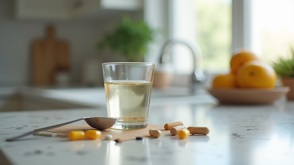Eye-level view of a glass of water with supplements and a measuring spoon on a kitchen counter