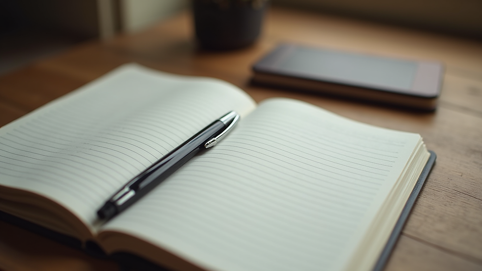 Close-up view of a journal and pen on a wooden table