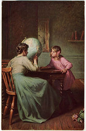 Открытка коллекционная «География» (женщина и девочка у глобуса), конец XIX - начало XX в.