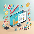 Digital marketing with numbers and graphs floating around a computer screen.jpg