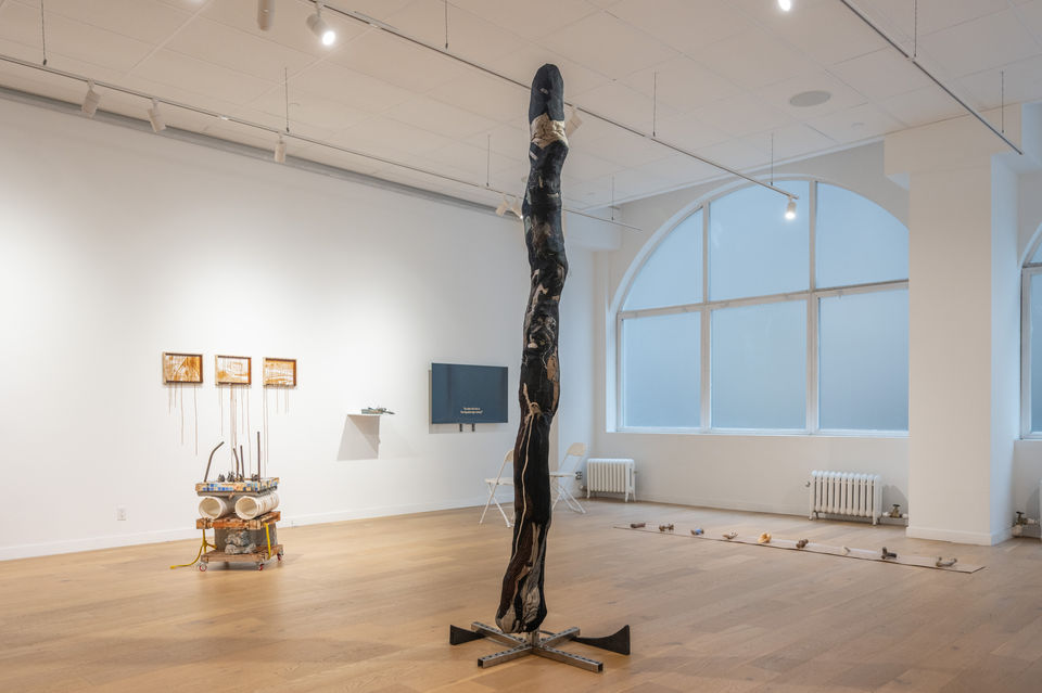 Exhibition view of Fault Lines at THE BLANC, featuring artworks by Columbia University MFA students across media such as painting, sculpture, moving image, photography, printmaking, sound, and new genres. Curated by Jenée Daria-Strand.