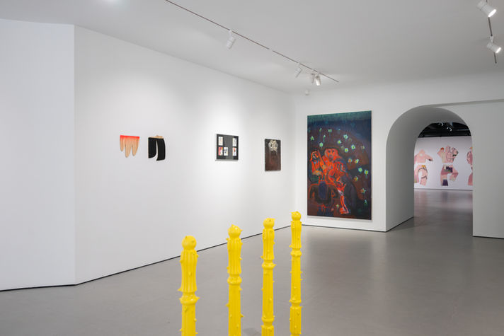 Exhibition view of Fault Lines at THE BLANC, featuring artworks by Columbia University MFA students across media such as painting, sculpture, moving image, photography, printmaking, sound, and new genres. Curated by Jenée Daria-Strand.