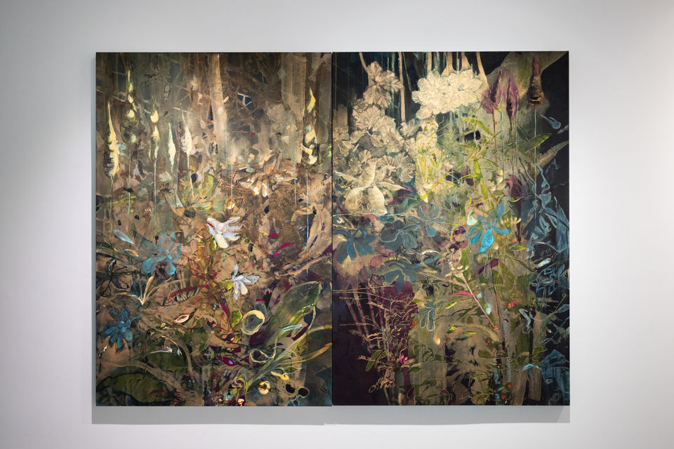 Installation view of Echoes of Resilience, featuring works by nine female artists exploring themes of survival, renewal, and strength. Presented by See | Me.