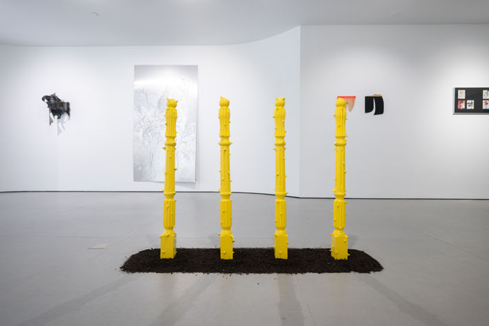 Exhibition view of Fault Lines at THE BLANC, featuring artworks by Columbia University MFA students across media such as painting, sculpture, moving image, photography, printmaking, sound, and new genres. Curated by Jenée Daria-Strand.