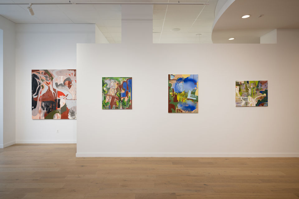 Exhibition view of After Image by Melanie Brock at THE BLANC, featuring abstract paintings shaped by architecture, memory, and movement.