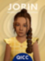Female sim child portrait with braided bun and bead braid, yellow plaid dress, on cream poster.