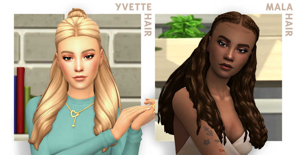 Two female sims with distinct hairstyles, one blonde and one brunette. The background shows books and a plant.
