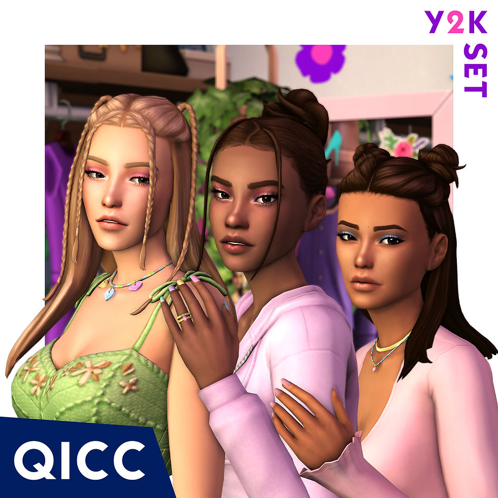 3 female sims modeling the hairstyles of the Y2K Set