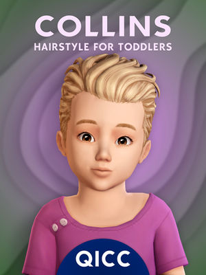 Toddler male sim with stylish blonde hair, wearing a purple shirt.