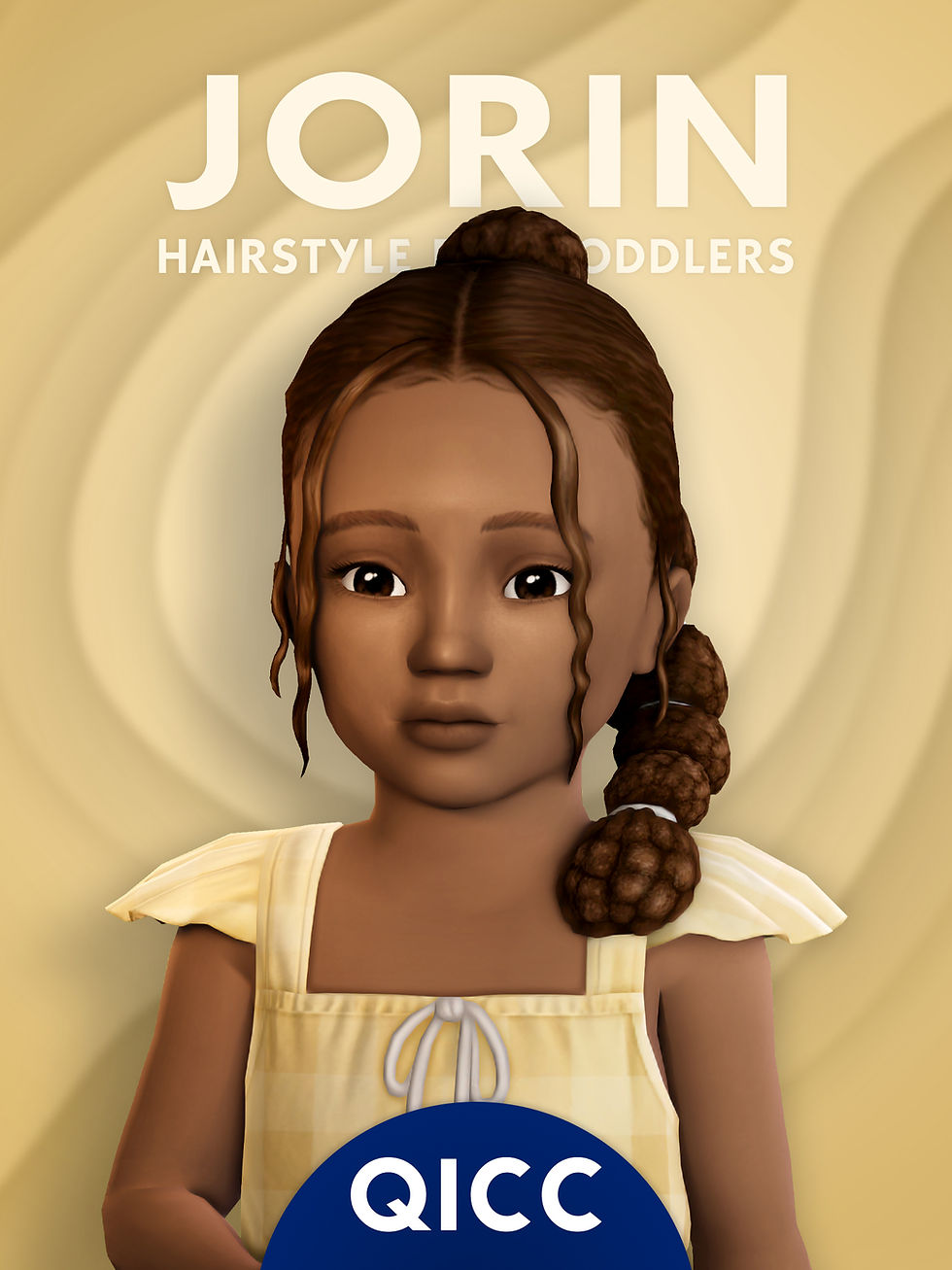 Female sim child with braided hair on beige poster.