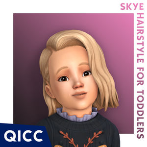 Female toddler sim with blonde hair smiles, set against a purple background.