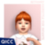 An infant girl sim modeling a high bun hairstyle with bangs